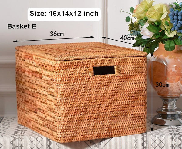 Oversized Rectangular Storage Basket with Lid, Woven Rattan Storage Basket for Shelves, Storage Baskets for Bedroom, Extra Large Storage Baskets for Clothes