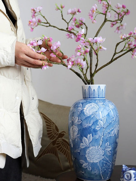 Centerpiece Ceramic Bouquet Vases, Handmade Modern Flower Vase, Large Flower Vases on Dining Table, Blue Porcelain Flower Vases-Art Painting Canvas