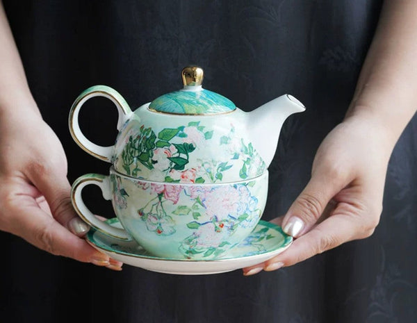 Ceramic Tea Pot with Integrated Cup, Mother-and-Baby Teapot with Matching Saucer, Vintage Style Stackable Tea Pot Set, English Style Tea Pot and Cup Set-Art Painting Canvas