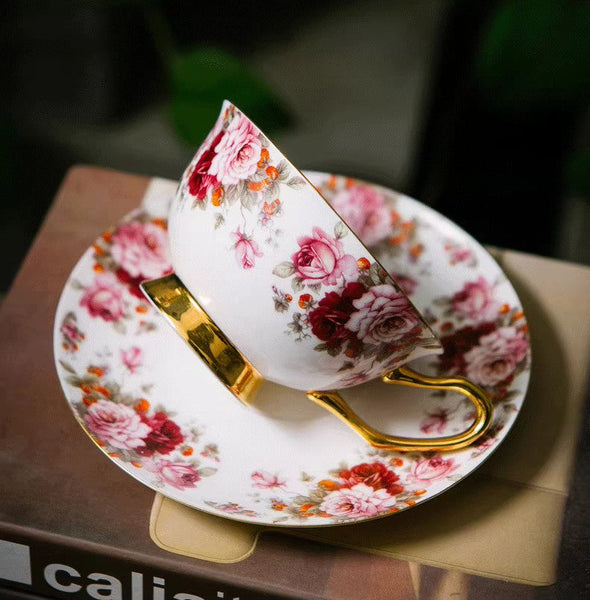 Unique Royal Coffee Cup and Saucer, Elegant Flower Ceramic Cups, Creative Porcelain Tea Cup Saucer Set, Beautiful British Tea Cups-Art Painting Canvas