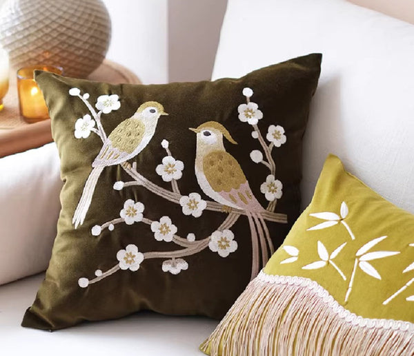 Embroidered birds cushion, Decorative Pillows for Couch, Vintage Decorative Pillows, Modern Throw Pillows for Bedroom, Decorative Pillow Arrangement Ideas for Couch-Art Painting Canvas