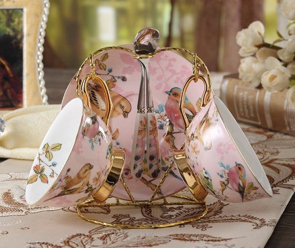 Elegant Ceramic Coffee Cups, 7.4 oz British Tea Cups, Bird Porcelain Tea Cup Saucer Set, Tea Cup and Saucer in Gift Box as Birthday Gift-Art Painting Canvas