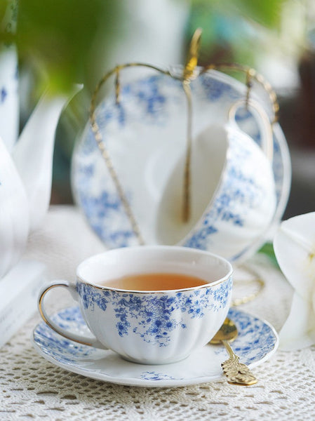 Blue Porcelain Tea Cup Saucer Set, British Royal Ceramic Cups for Traditional Afternoon Tea, Unique Blue Tea Cup and Saucer in Gift Box, Elegant Ceramic Coffee Cups-Art Painting Canvas