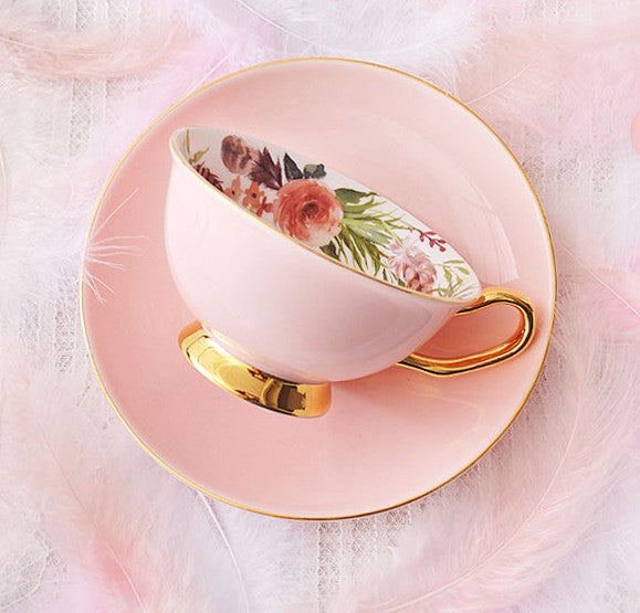 Royal Bone China Porcelain Tea Cup Set, Elegant Flower Pattern Ceramic Coffee Cups, Beautiful British Tea Cups, Unique Afternoon Tea Cups and Saucers in Gift Box-Art Painting Canvas