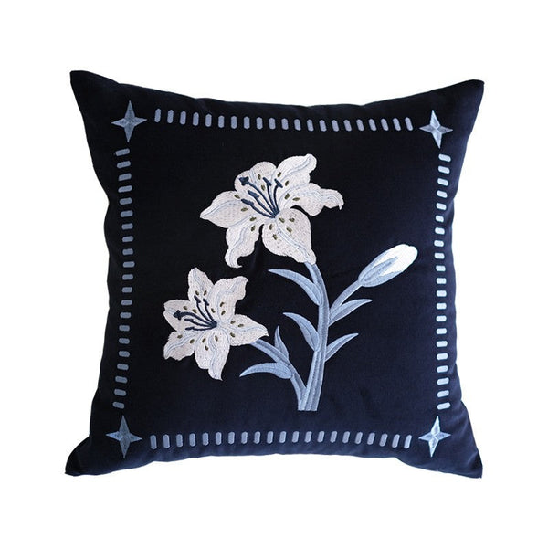 Dark Blue Lily Embroidered Cushion, Living Room Decorative Pillows, Decorative Pillow Arrangement Ideas for Couch, Large Decorative Pillows for Couch, Modern Throw Pillows for Bedroom-Art Painting Canvas