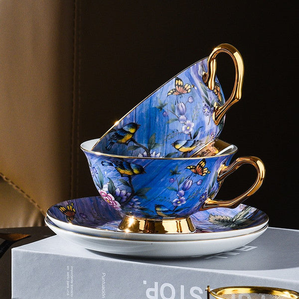 Blue Bird and Butterfly Porcelain Tea Cup Saucer Set, 7.4 oz British Tea Cup and Saucer in Gift Box, Elegant British Ceramic Coffee Cups-Art Painting Canvas
