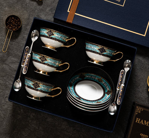 Unique Tea Cup and Saucer in Gift Box, 7.4 oz British Ceramic Coffee Cups, Porcelain Tea Cup Set for Office-Art Painting Canvas