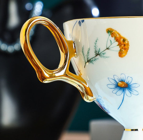 Porcelain Tea Cup and Saucer Set, Flower Ceramic Tea Cup and Saucer, Floral Tea Cup and Saucer Set in Gift Box, Elegant British Ceramic Coffee Cup with Saucer-Art Painting Canvas