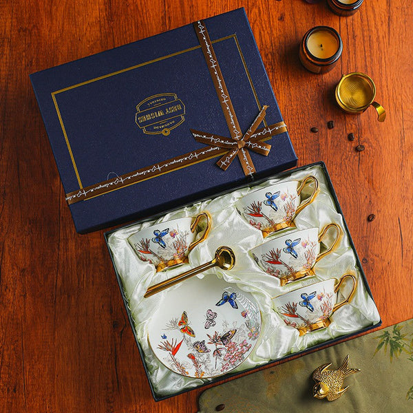 Ceramic Coffee Cups in Gift Box, Butterfly Pattern Porcelain Tea Cup and Saucer Set, British Traditional Afternoon Tea Cup and Saucer Set-Art Painting Canvas