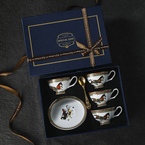 Elegant British Horse Pattern Coffee Cup with Saucer, 7.4 oz Ceramic Tea Cup and Saucer in Gift Box, Porcelain Tea Cup and Saucer Set-Art Painting Canvas