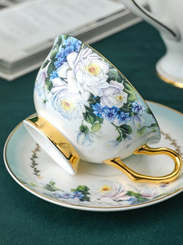Royal Porcelain Tea Cup Saucer Set, Rose Flower Pattern Ceramic Cups, 7.4 oz British Ceramic Coffee Cups, Unique Tea Cup and Saucer in Gift Box-Art Painting Canvas