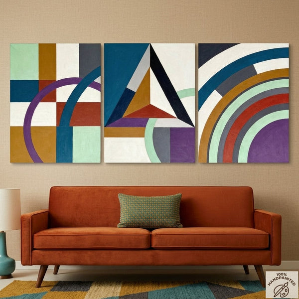 Multi Panel Canvas Art, Geometric Pattern Contemporary Artwork, Abstract Paintings for Mid Century Modern Living Room-Art Painting Canvas