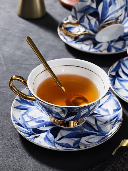 Unique British Tea Cup and Saucer in Gift Box, Blue Porcelain Tea Cup Saucer Set, 7.4 oz British Ceramic Coffee Cups-Art Painting Canvas