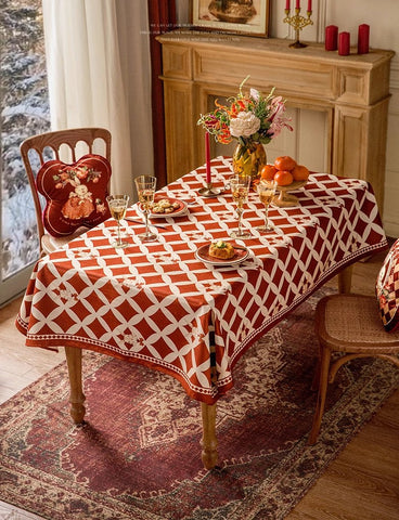 Holiday Red Tablecloth for Dining Table, Rabbit Pattern Table Cover for Dining Room Table, Modern Rectangle Tablecloth for Oval Table-Art Painting Canvas