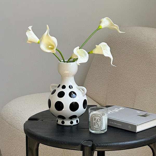 Ceramic Bud Vases, Small Flower Vases on Table, Black and White Polka Dot Flower Vase, Modern Porcelain Flower Vases, Handmade Water Holding Flower Vases-Art Painting Canvas