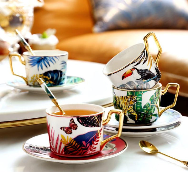 Elegant Tea Cup and Saucer, Jungle Toucan Pattern Porcelain Coffee Cups, 7.4 oz Coffee Cups with Gold Trim and Gift Box-Art Painting Canvas