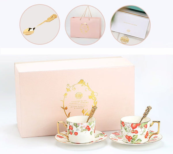Strawberry Bone China Porcelain Tea Cup Set, Elegant Ceramic Coffee Cups, British Royal Ceramic Cups for Afternoon Tea, Unique Blue Tea Cup and Saucer in Gift Box-Art Painting Canvas