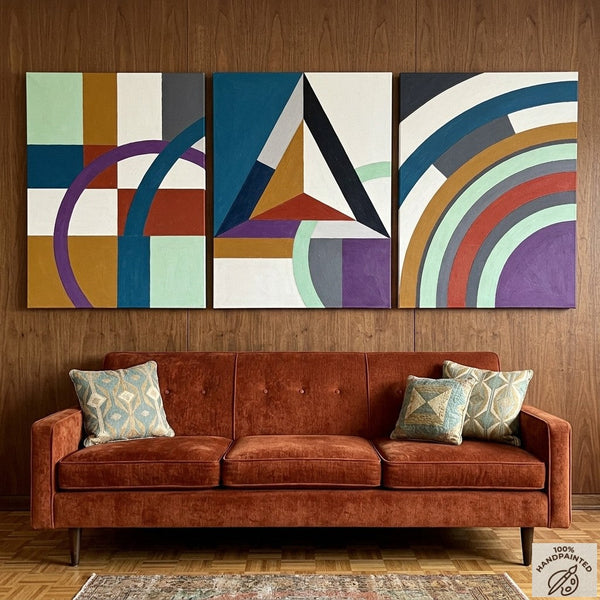 Multi Panel Canvas Art, Geometric Pattern Contemporary Artwork, Abstract Paintings for Mid Century Modern Living Room-Art Painting Canvas