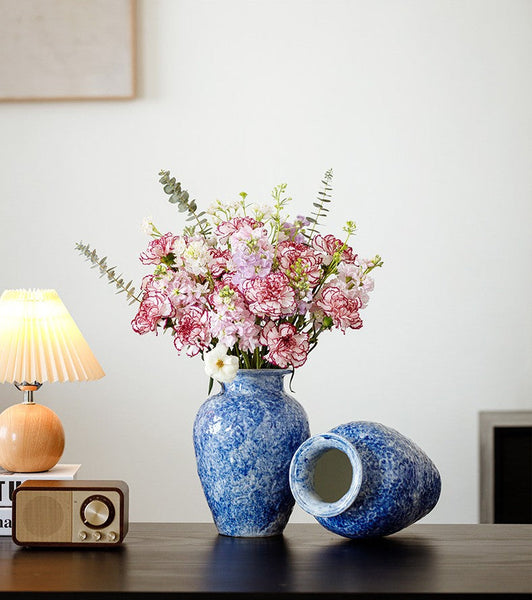 Modern Pottery Flower Vases, Handmade Water Holding Flower Vases, Centerpiece on Dining Table, Blue Pottery Bud Vases, Large Flower Vases on Table-Art Painting Canvas