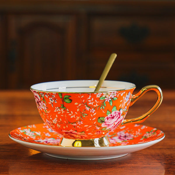Porcelain Tea Cup Saucer Set of 2 Cups, Floral Ceramic Coffee Cup with Saucer, Beautiful British Tea Cup and Saucer, Flower Tea Cup and Saucer Set in Gift Box-Art Painting Canvas