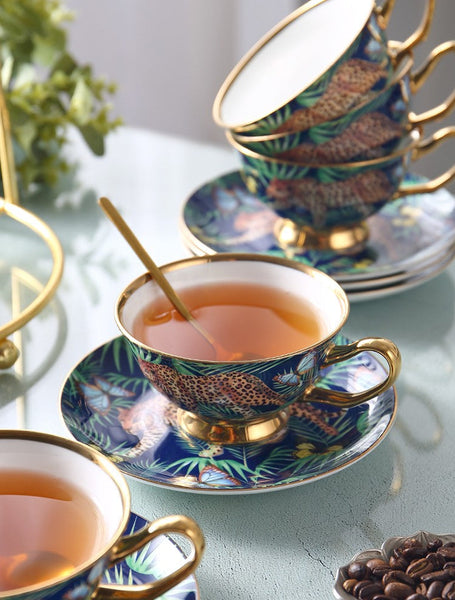 Creative Leopard Ceramic Coffee Cups, 6.8 oz Tea Cup and Saucer in Gift Box as Birthday Gift, Beautiful British Tea Cups, Creative Porcelain Tea Cup Set-Art Painting Canvas