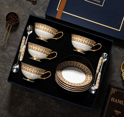 Handmade Elegant British Ceramic Coffee Cups, Unique Tea Cup and Saucer in Gift Box, Bone China Porcelain Tea Cup Set for Office, Yellow Ceramic Cups-Art Painting Canvas