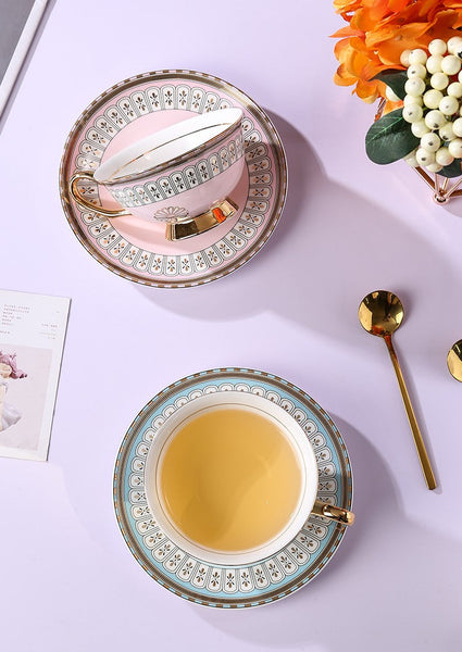 Royal Blue and Pink Porcelain Tea Cup Saucer Set, Tea Cup and Saucer in Gift Box, Elegant Ceramic Coffee Cups, Beautiful British Tea Cups-Art Painting Canvas