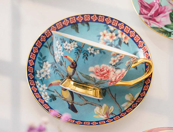Unique Afternoon Tea Cups and Saucers in Gift Box, Royal Bone China Porcelain Tea Cup Set, Elegant Flower Pattern Ceramic Coffee Cups, Beautiful British Tea Cups-Art Painting Canvas