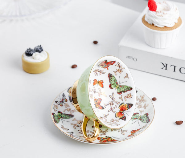 Creative Butterfly Ceramic Coffee Cups, Unique Butterfly Coffee Cups and Saucers, Beautiful British Tea Cups, Creative Bone China Porcelain Tea Cup Set-Art Painting Canvas