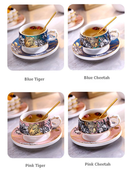 Handmade Ceramic Cups with Gold Trim and Gift Box, Jungle Tiger Cheetah Porcelain Coffee Cups, Creative Ceramic Tea Cup and Saucer-Art Painting Canvas