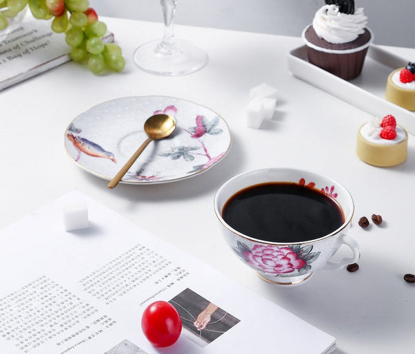 Unique Porcelain Cup and Saucer, Beautiful British Flower Tea Cups, Elegant Ceramic Coffee Cups, Creative Bone China Porcelain Tea Cup Set-Art Painting Canvas