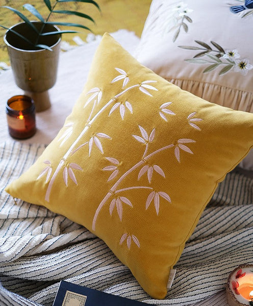Decorative Pillow Arrangement Ideas for Couch, Large Decorative Pillows for Couch, Modern Throw Pillows for Bedroom, Living Room Decorative Pillows, Yellow Embroidered Bamboo Cushion-Art Painting Canvas
