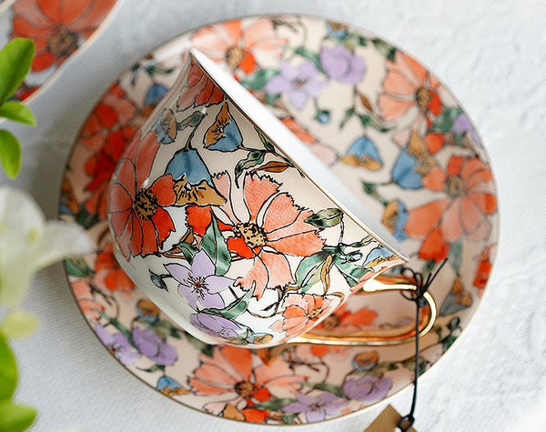 Elegant Ceramic Coffee Cups, Flower Bone China Porcelain Tea Cup Set, British Royal Ceramic Cups for Afternoon Tea, Unique Tea Cup and Saucer in Gift Box-Art Painting Canvas
