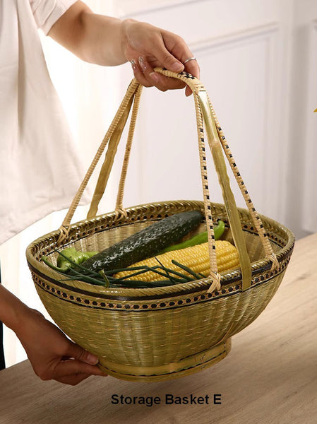 Natural Hand-woven Bamboo Basket, Natural Fruit Basket Kitchen Storage Baskets, Extra Large Picnic Food Basket with Handle, Lovely Bamboo Baskets for Vegetable
