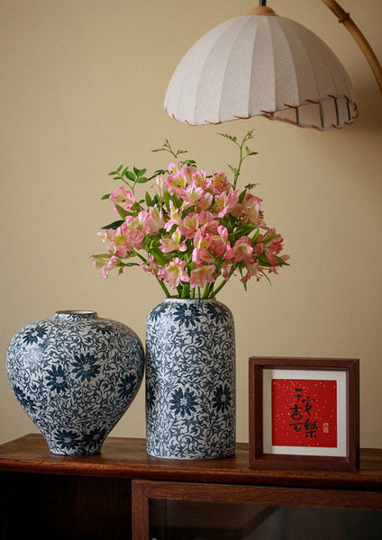 Vintage Bouquet Flower Vases, Centerpiece on Dining Table, Large Blue Flower Vase on Table, Handmade Porcelain Flower Vases Urn, Water Holding Flower Vases-Art Painting Canvas