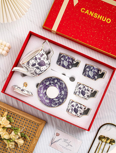British Traditional Afternoon Tea Cup Set of 4 cups, 8 oz Ceramic Coffee Cup with Saucer in Gift Box, Porcelain Tea Cup and Saucer Set with Teapot-Art Painting Canvas