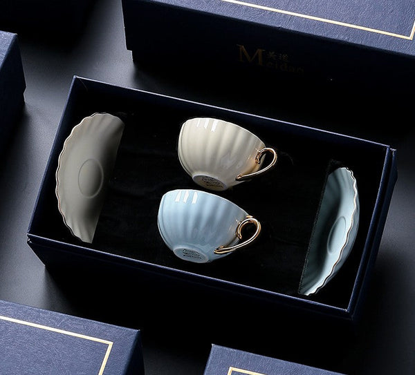 Elegant Macaroon Ceramic Coffee Cups, 6.8 oz Tea Cup and Saucer Set of 2 Cups in Gift Box as Birthday Gift, Beautiful British Tea Cups, Creative Porcelain Tea Cup Set-Art Painting Canvas