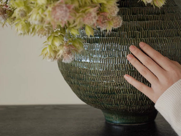 Centerpiece Ceramic Bouquet Vases, Green Porcelain Vases for Modern Home Decor, Large Contemporary Vases on Dining Table, Handmade Modern Flower Vase-Art Painting Canvas