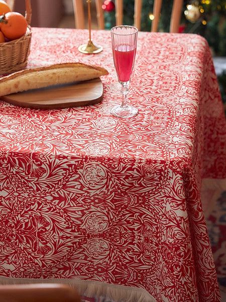 Large Fiberflax Rectangle Tablecloth for Home Decoration, Red Flower Pattern Tablecloth for Holiday Decoration, Square Tablecloth for Round Table-Art Painting Canvas