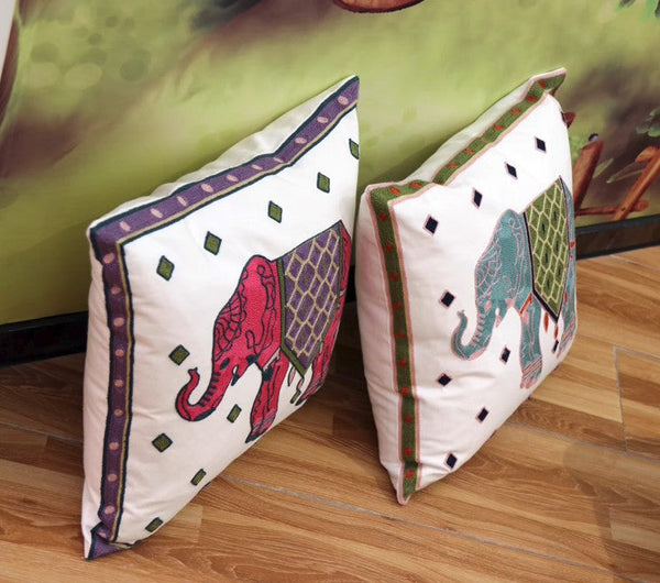 Cotton Decorative Pillows, Elephant Embroider Cotton Pillow Covers, Farmhouse Decorative Sofa Pillows, Decorative Throw Pillows for Couch-Art Painting Canvas