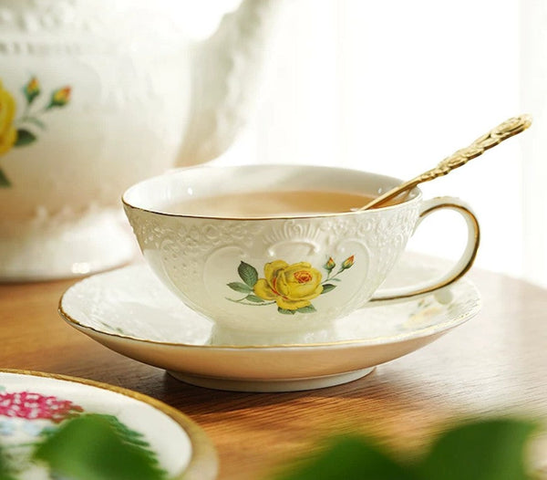 Ceramic Tea Cup with Saucer, Tea Cup Set, Vintage Tea Cup Set, Modern Ceramic Cups, European Tea Cup Set, Porcelain Tea Cups, Floral Tea Cup Set, Classic British Tea Cups, Elegant Tea Cup With Saucer-Art Painting Canvas
