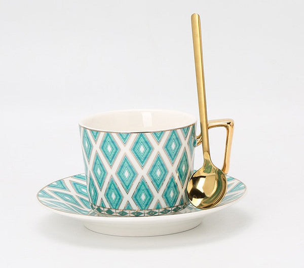 Afternoon Green British Tea Cups, Unique Ceramic Coffee Cups, Creative Bone China Porcelain Tea Cup Set, Traditional English Tea Cups and Saucers-Art Painting Canvas