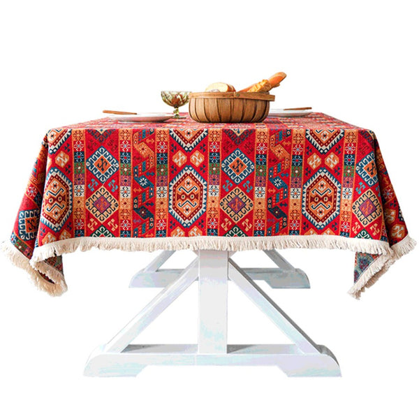Oriental Red Rectangular Table Covers for Coffee Table, Bohemian Rectangular Tablecloth for Oval Table, Large Modern Linen Tablecloths-Art Painting Canvas