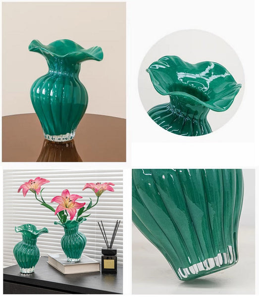 Contemporary Vases for Modern Home Decor, Unique Handmade Liuli Vases, Color Glaze Vase, Green Glass Bud Vases, Centerpiece Vases on Table-Art Painting Canvas
