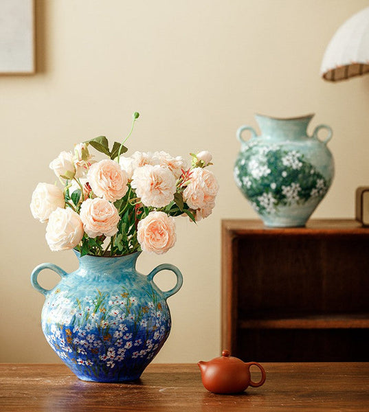 Large Flower Vases on Table, Modern Pottery Flower Vases, Centerpiece on Dining Table, Handmade Water Holding Flower Vases, Pottery Bud Vases-Art Painting Canvas