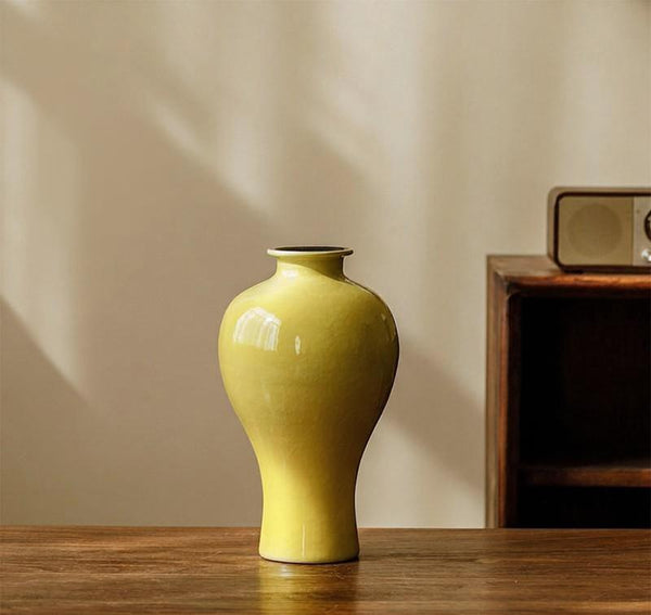 Handmade Water Holding Flower Vase, Yellow Flower Vases on Table, Ceramic Bud Vases, Porcelain Flower Vases-Art Painting Canvas