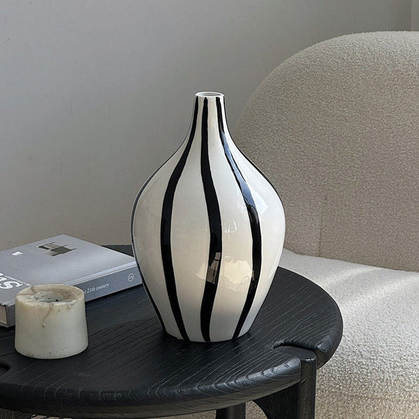 Water Holding Flower Vases, Black and White Striped Ceramic Vase, Porcelain Flower Vases, Modern Flower Vases on Table-Art Painting Canvas