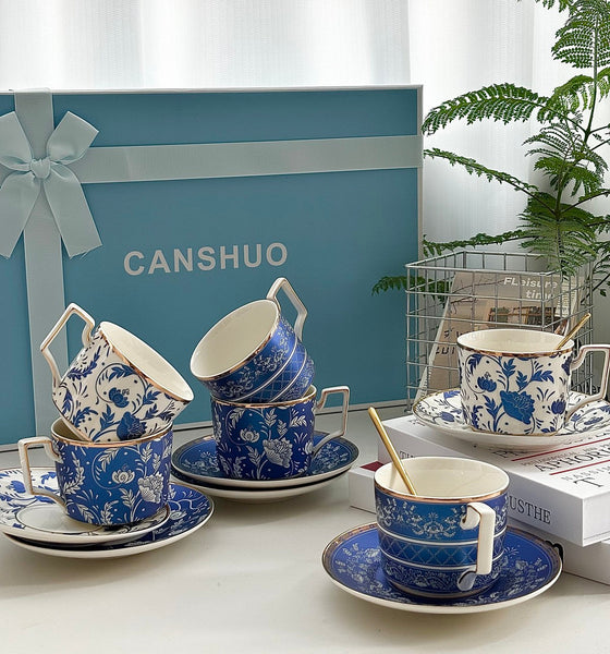 Unique British Traditional Afternoon Tea Cup Set with Teapot, 8 oz Ceramic Coffee Cup with Saucer Set of 4 cups in Gift Box, Blue Porcelain Tea Cup and Saucer Set-Art Painting Canvas