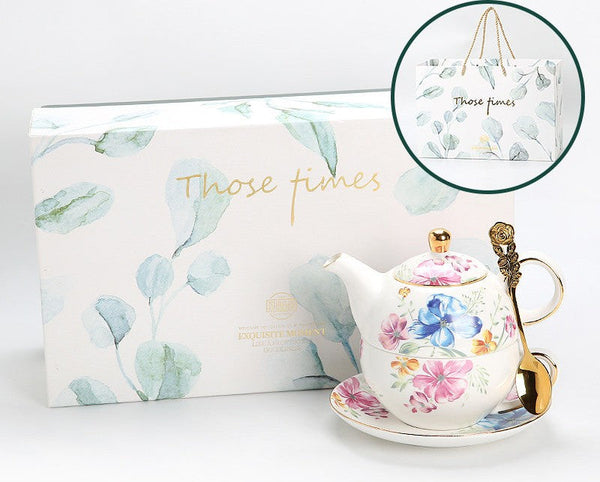 Ceramic Tea Pot with Integrated Cup, Stackable Teapot and Cup Set, Porcelain Teapot with Matching Cup and Saucer in Gift Box, Mother and Baby Teapot with Matching Saucer-Art Painting Canvas