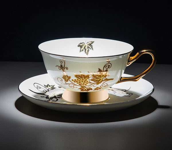 Elegant British Ceramic Coffee Cups, 7.4 oz Golden Leaves and Grapes Porcelain Tea Cup Saucer Set, Unique British Tea Cup and Saucer in Gift Box-Art Painting Canvas